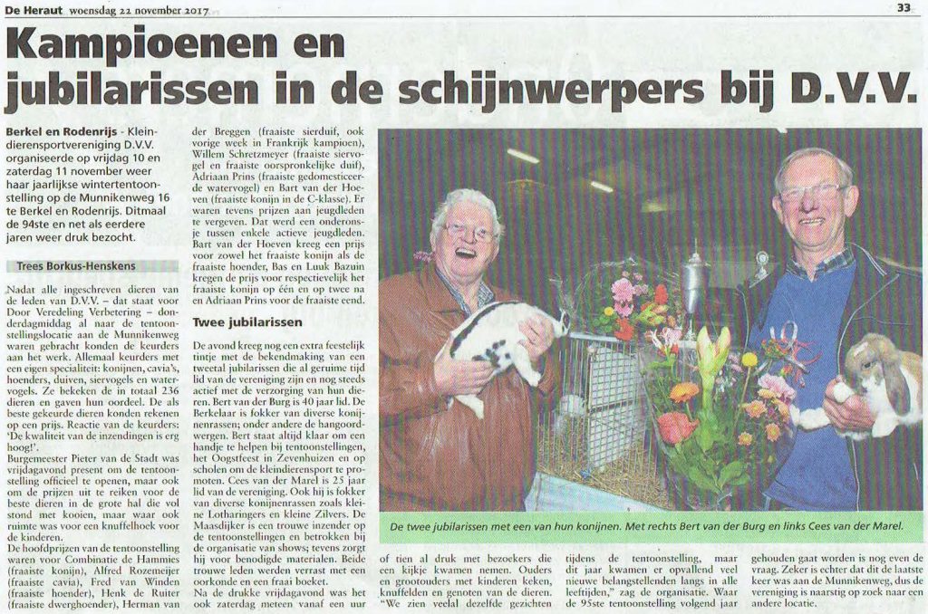 Krantenartikel De Heraut over de wintertentoonstelling van DVV waar ook jubilarissen werden verblijd met bloemen